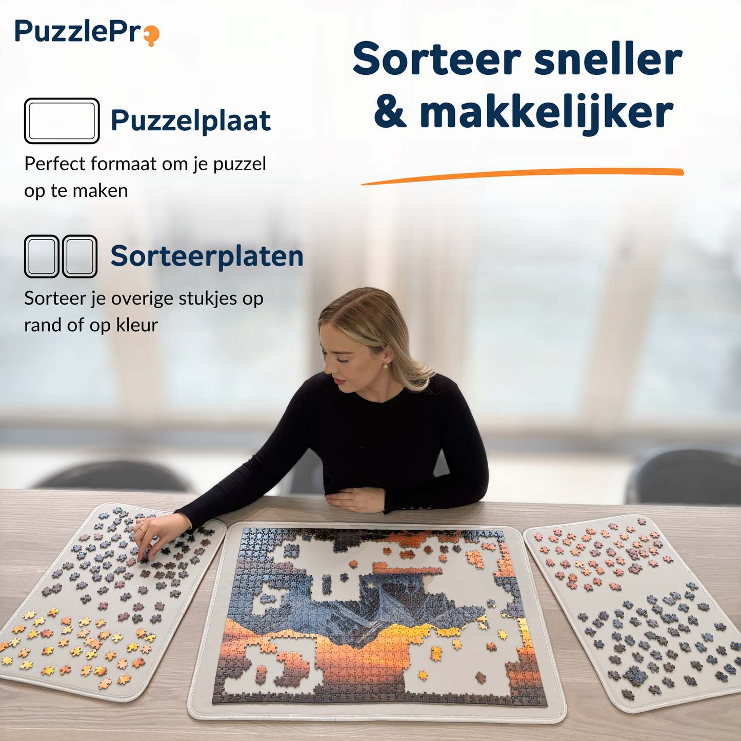 Makkelijk puzzelstukjes vinden en sorteren met de sorteerplaten uit de puzzelkoffer van PuzzlePro