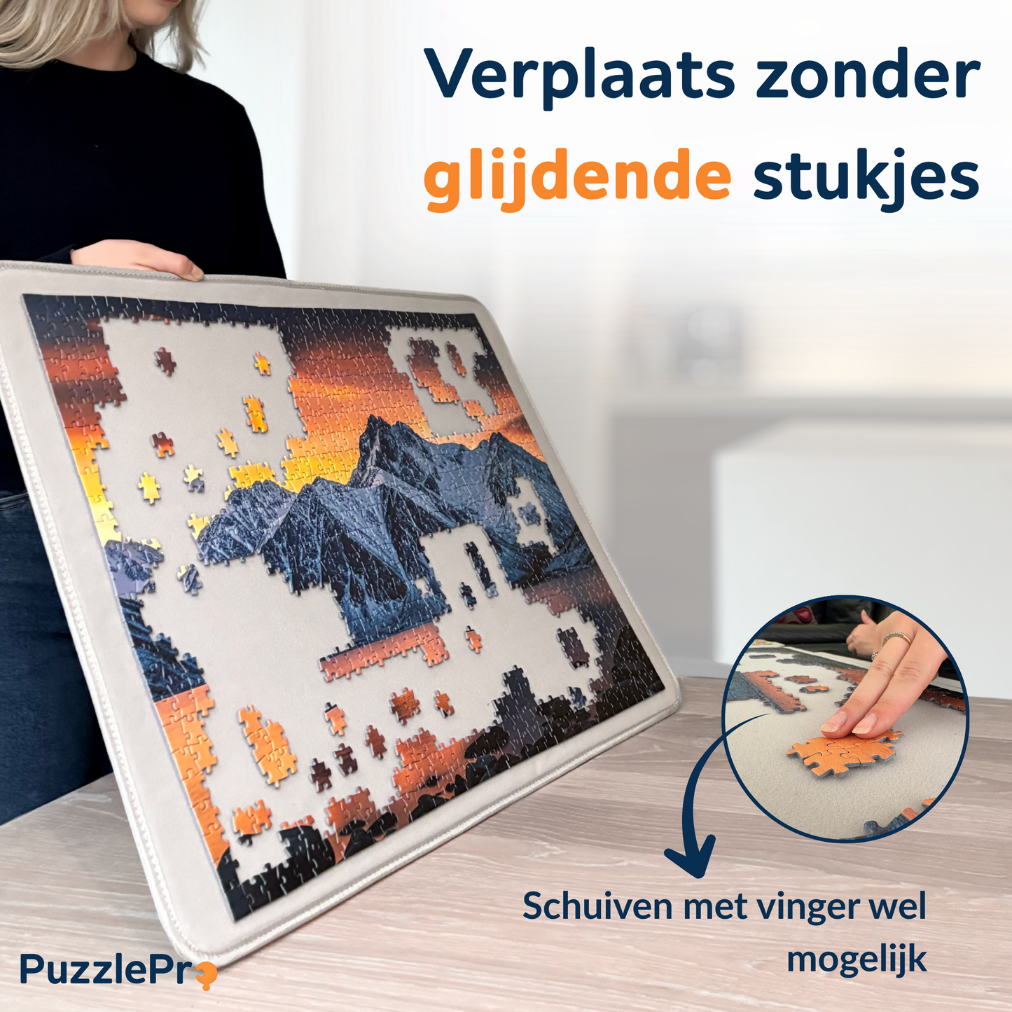 Puzzelstukjes glijden niet in de koffer naar beneden of van de puzzelplaat door de grip