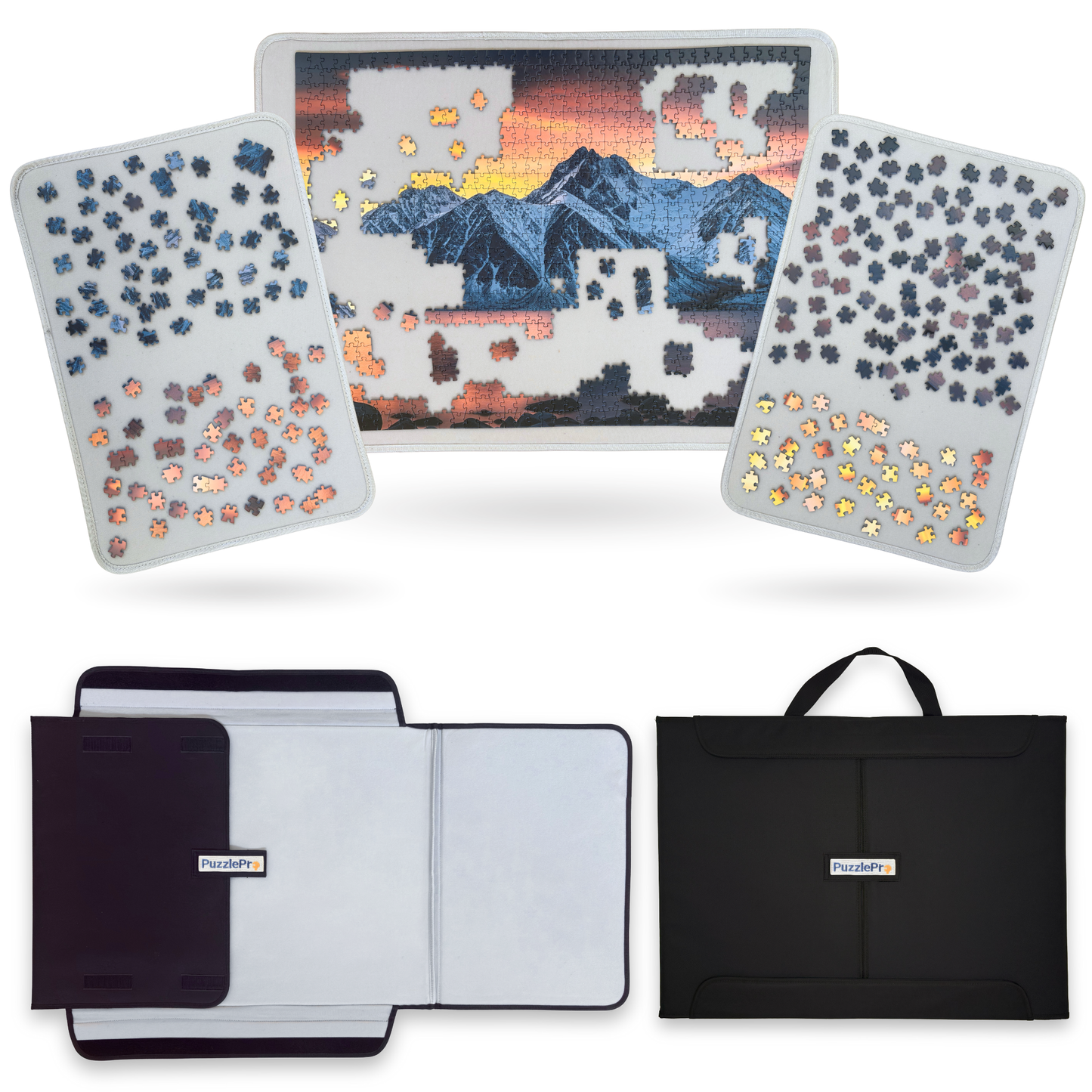 Puzzelkoffer met 3x puzzelplaat die dienen als puzzelplank, puzzelmat of puzzeltafel