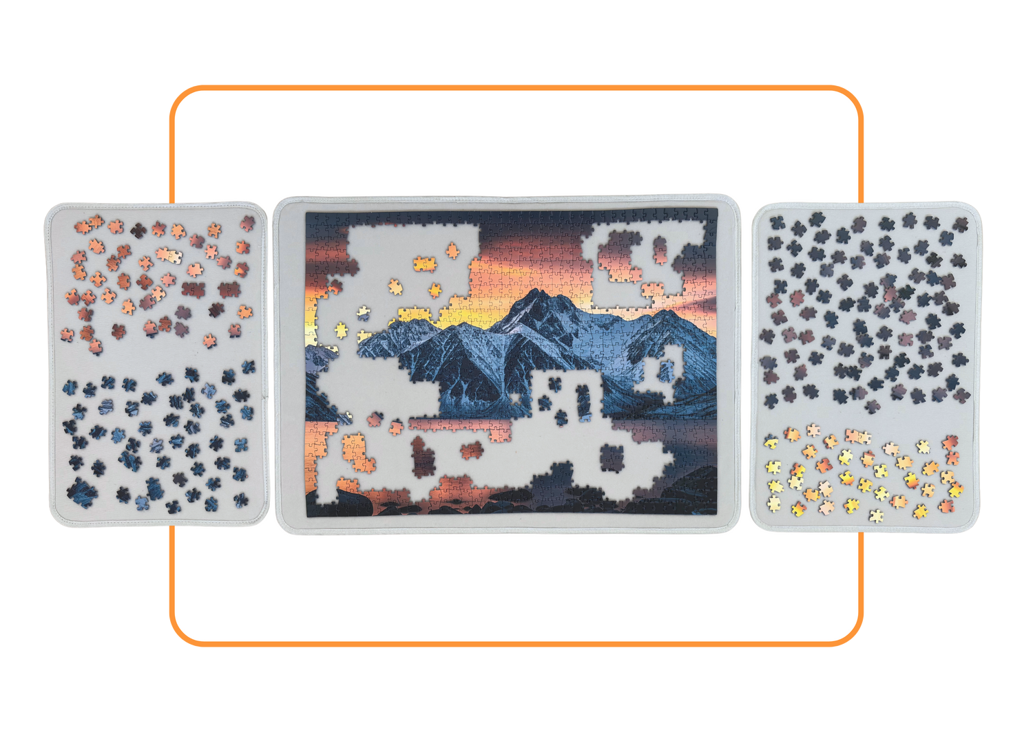 Grote puzzelplaat en kleine sorteerplaten om puzzelstukjes te sorteren